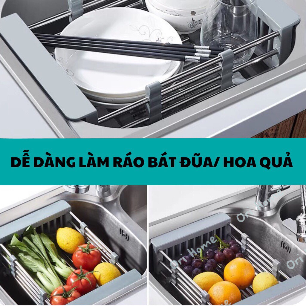 Khay Đa Năng Gác Chậu Rửa Chén - Rổ Kệ Inox Đa Năng Co Giãn - Rửa Rau, Trái Cây, Úp Chén Tiện Lợi- { H }