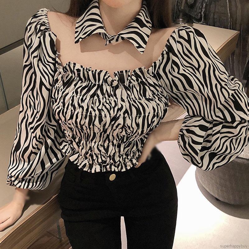 Áo Croptop Tay Phồng In Họa Tiết Ngựa Vằn Kiểu Hàn Quốc Xinh Xắn Cho Nữ