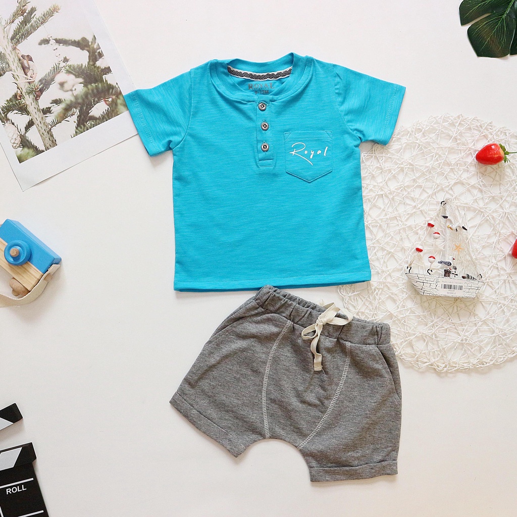 Bộ quần áo bé trai Royal kids áo màu xanh biển đậm in logo cho Bé từ 8 21kg