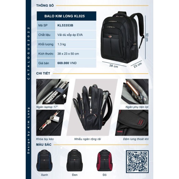 BALO DU LICH BALO LAPTOP 17 INCH  CỞ LỚN KIM LONG KL025 .