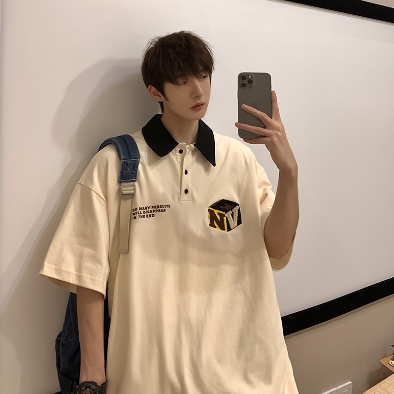 Áo Sơ Mi POLO Tay Ngắn Dáng Rộng In Chữ Thời Trang Hàn Quốc Cho Nam Size M-2XL