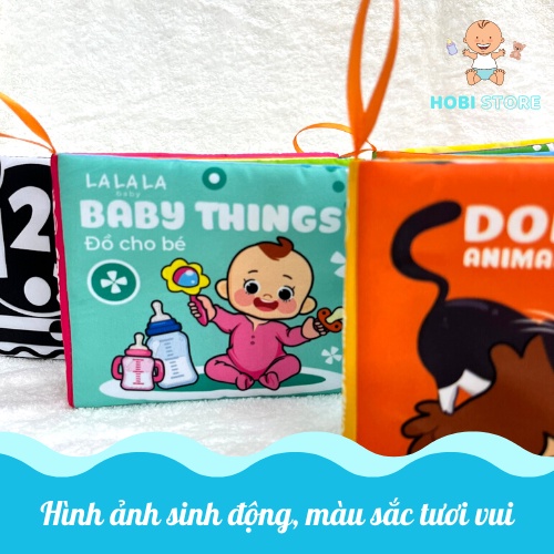 Sách vải cho bé 0 - 12 tháng, song ngữ Anh Việt phát triển đa giác quan, kích thước 12x11cm, 8 mặt sột soạt MẪU MỚI