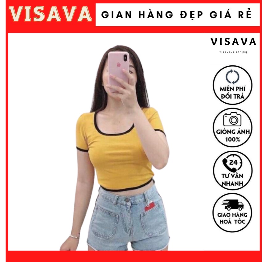 Áo croptop ôm tay ngắn cổ vuông, Áo croptop nữ sexy thun borip VISAVA hình thật 100%