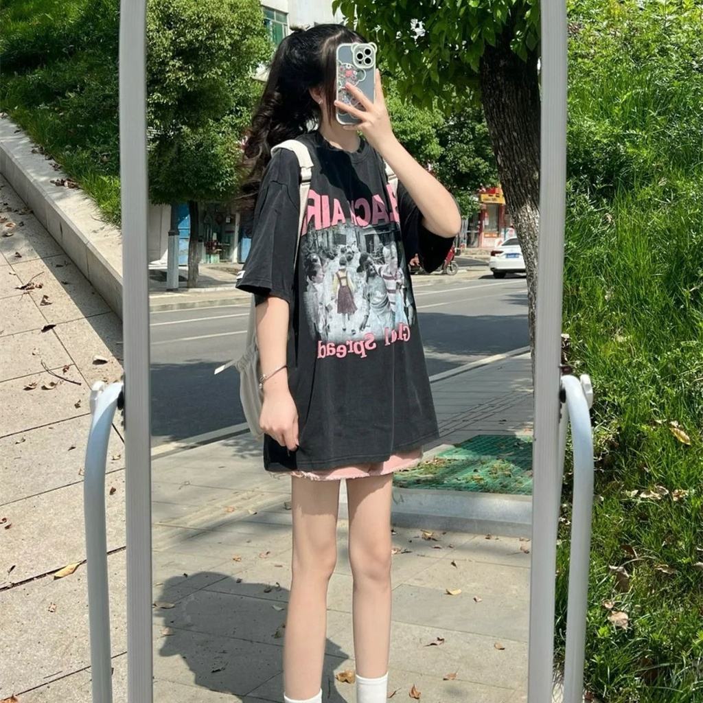 Jiashucheng Áo Thun Nữ Ngắn Tay Dáng Rộng Phong Cách Retro