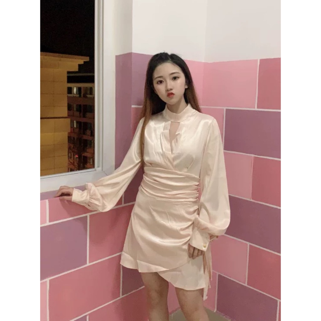 [Sẵn Hàng]♥️Đầm,Váy Lụa Xẻ Ngực Nhún Eo Ulzzang(ảnh thật)Size S,M,L | BigBuy360 - bigbuy360.vn