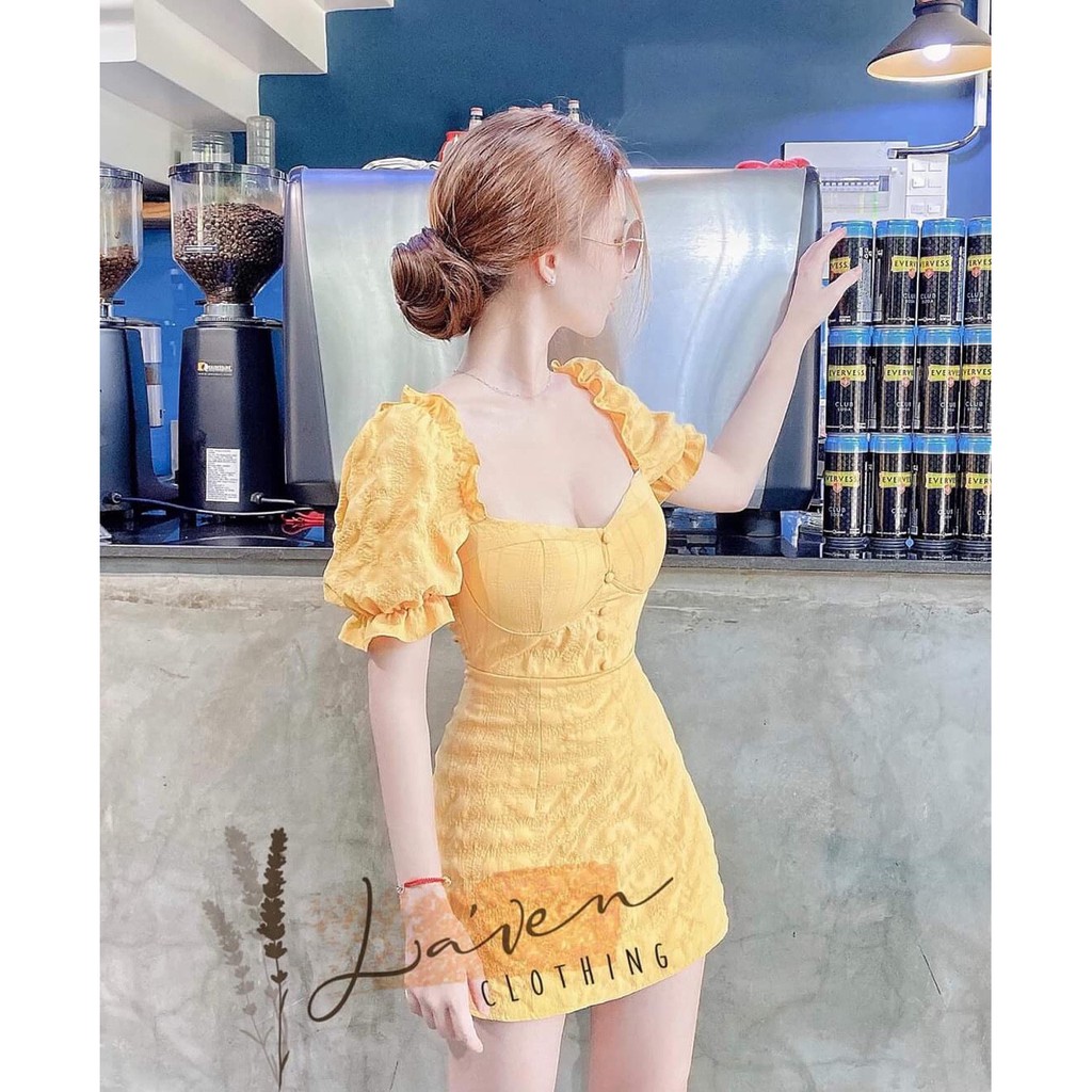 Đầm Váy Body Tay Phồng Đính Nút Chất Liệu Cao Cấp (Có Mút Ngực) Đa Màu Sắc (Vàng, Xanh, Hồng) Thời Trang Nữ Dự Tiệc, Dạo | BigBuy360 - bigbuy360.vn
