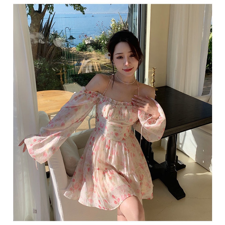 Đầm chiffon Cổ Vuông Tay Phồng Dài In Hoa tulip Thời Trang Xuân Hè 2022 Mới