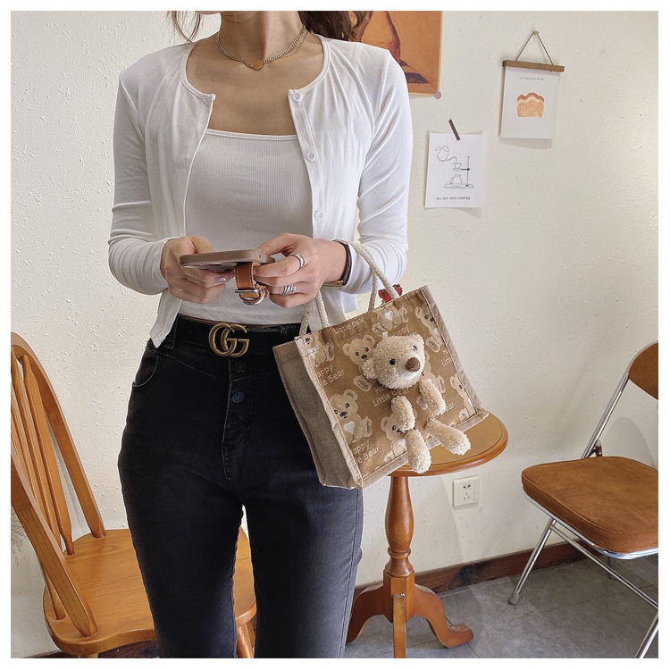 Túi cói quai xách  mini gấu bông đi biển dạo phố nữ đẹp thời trang cá tính dễ thương cute phong Vintage TC003