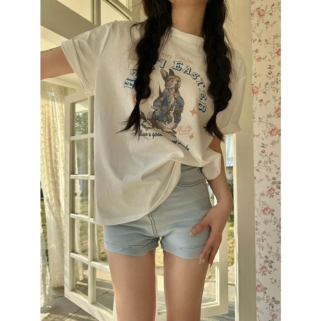 Áo Thun Cotton Dáng Rộng Ngắn Tay In Hoạt Hình Thời Trang Mùa Hè Cá Tính 6308