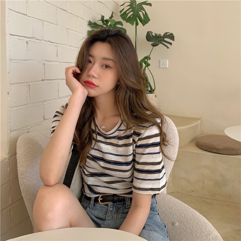 Áo thun SUXI tay ngắn cổ tròn họa tiết kẻ sọc thời trang mùa hè dành cho nữ