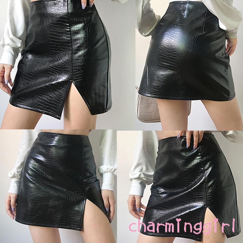 Chân váy da pu lưng cao màu trơn quyến rũ thời trang cho nữ