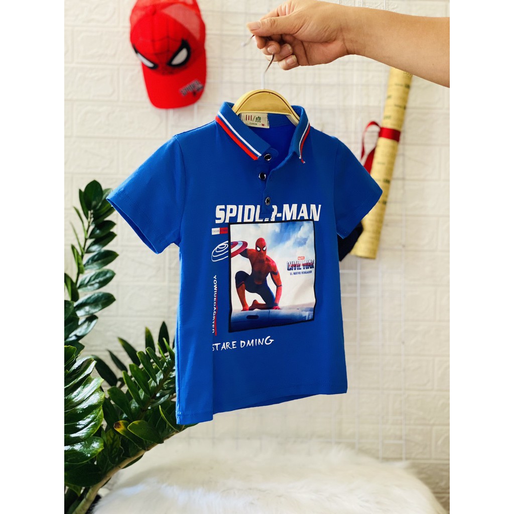 Áo Polo  trẻ em Áo phông có cổ cho bé trai 2 tuổi- 8 tuổi họa tiết siêu nhân nhện