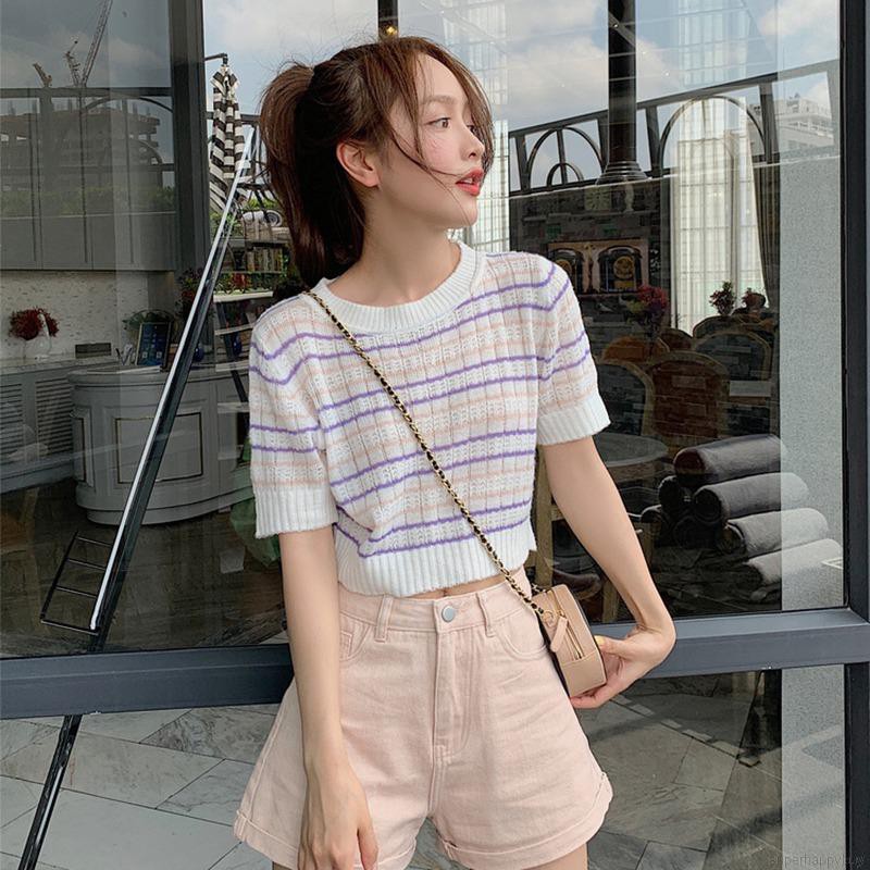 Áo thun dệt kim dáng ôm tay ngắn họa tiết kẻ sọc phong cách Hàn Quốc dễ thương dành cho nữ