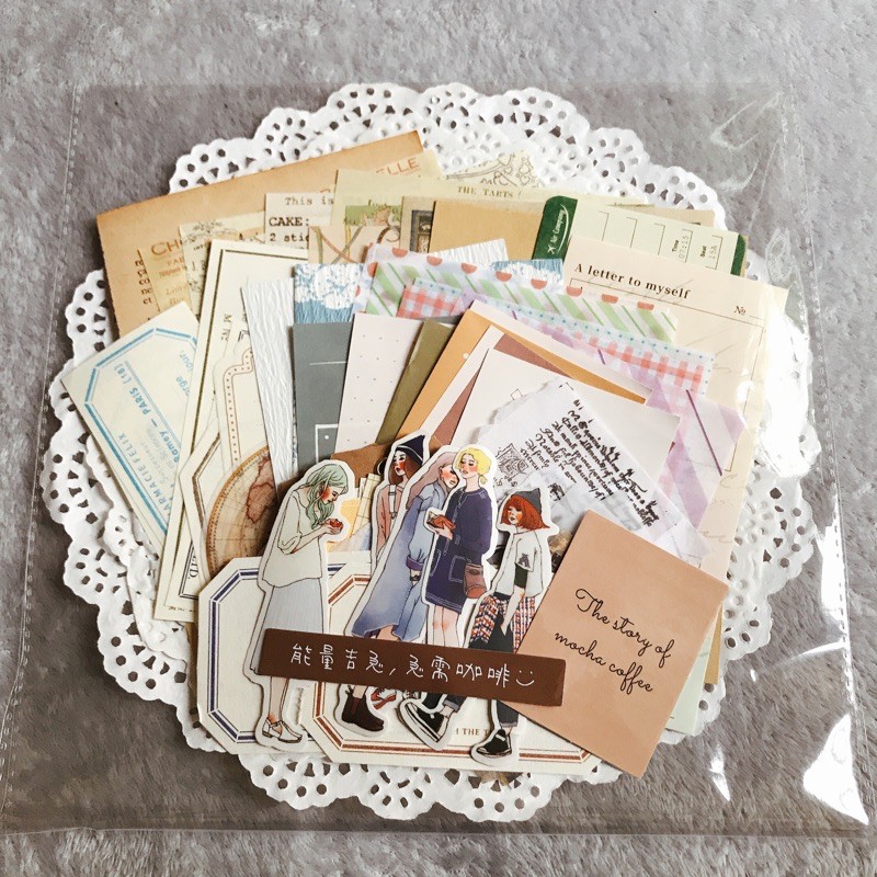 Set vintage với giấy nền, stickers, giấy can, labels và tag giấy (119pcs)