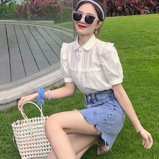 Áo Sơ Mi Cổ Đúc Tay Bồng Dáng Ngắn Ngực Viền Bèo Chữ U Họa Tiết Vặn Thừng Dọc Áo Cực Xinh Freesize<52Kg -A.184