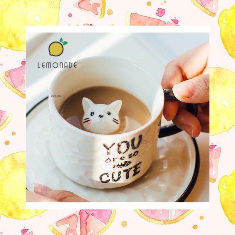 [FULL BOX] Cốc Gốm sứ cao cấp, cốc uống trà có tay cầm kèm đĩa Hình Mèo Nằm Trong Cốc KT004