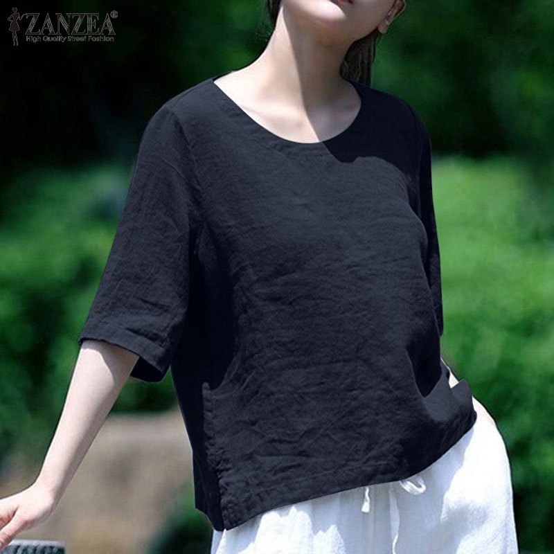 Zanzea Áo Kiểu Tay Lỡ Cổ Tròn Màu Trơn Dáng Rộng Phong Cách Retro Dành Cho Nữ