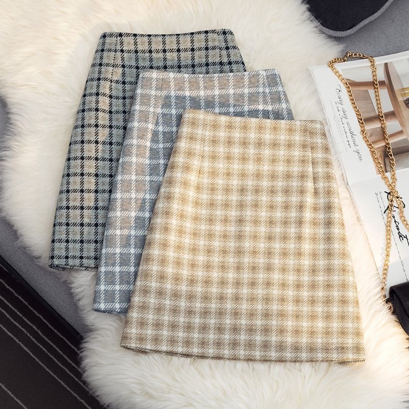 Chân váy chữ A lưng cao kẻ sọc caro phong cách retro thời trang thu đông mới cho nữ