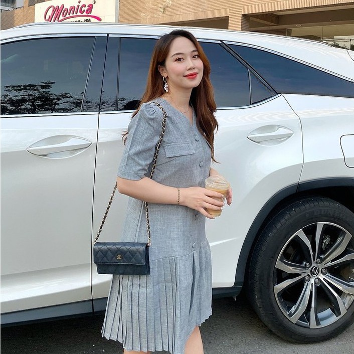 Đầm cổ tim dáng suông xếp li túi giả, đi chơi, công sở LXK00010 | BigBuy360 - bigbuy360.vn