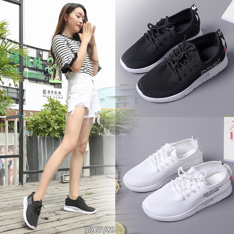 (Lẻ Size 35 SALE 59k) - Giày Thể Thao Nữ Buộc Dây Hàn Quốc Giá Rẻ Màu Trắng 2019 - Chất Vải Sợi Dệt TT007/08 | BigBuy360 - bigbuy360.vn