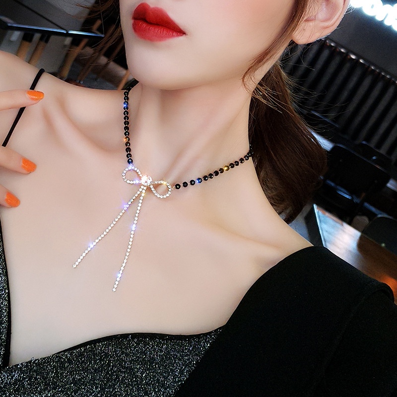 Vòng Cổ Dây Xích Mặt Nơ Đính Kim Cương Nhân Tạo Tinh Tế Thời Trang Hàn Quốc