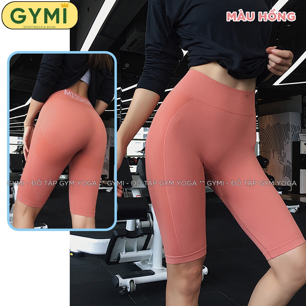 Quần tập gym yoga nữ GYMI QL02 dáng ngố lửng biker thể thao chất dệt co giãn logo Misshine cạp cao