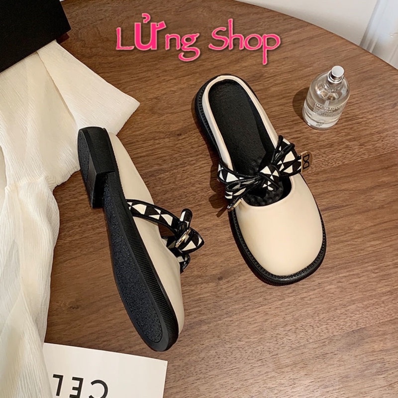 Giày sục búp bê đính nơ DG nữ da lì mềm LỬNG SHOP đế bằng cao 3cm