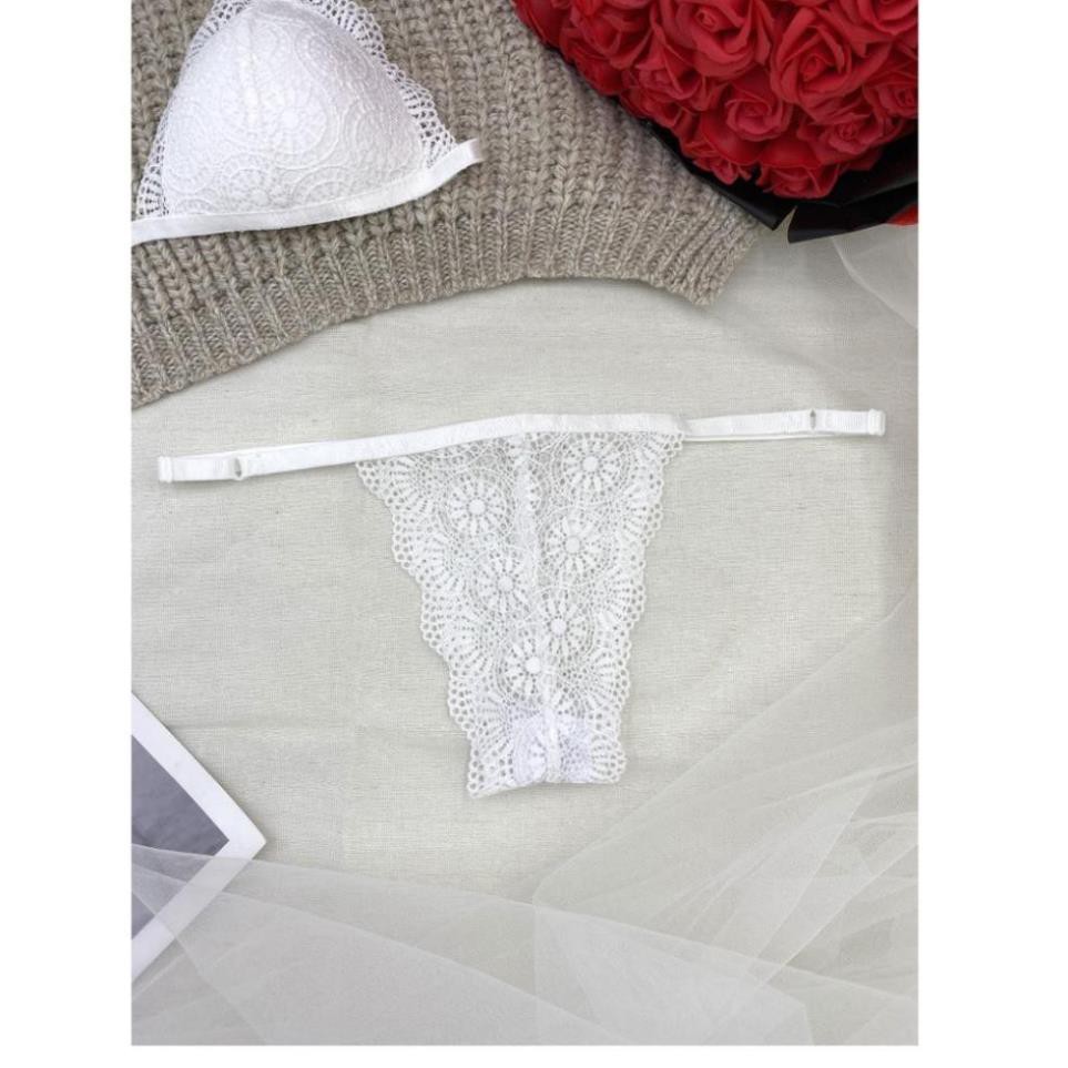 Bộ đồ lót ren trắng 👙FREESHIP 👙  Nguyên set gồm áo lót + quần lót dây cùng hoạ tiết ren gợi cảm, quyến rũ.