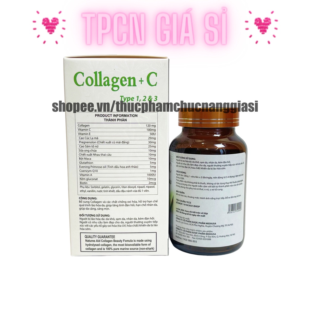 Viên uống COLLAGEN +C bổ sung collagen, vitamin e giúp chống lão hóa, cải thiện nếp nhăn - Hộp 60 viên dùng 30 ngày