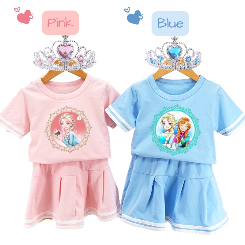 Bộ Áo Thun Tay Ngắn In Hình Công Chúa Elsa Anna Năm 2021 + Chân Váy Xếp Ly Cho Bé Gái (2-8 Tuổi)