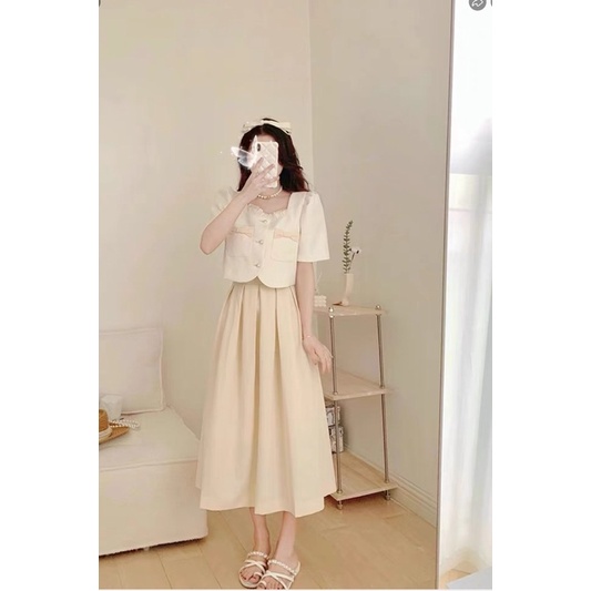 Set áo tiểu thư tay phồng kèm chân váy xếp ly dáng dài công sở phối nơ dễ thương
