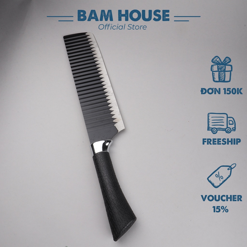 Dao bếp đa năng inox Bam House lưỡi gợn sóng siêu bén cán cao su cao cấp DGS01