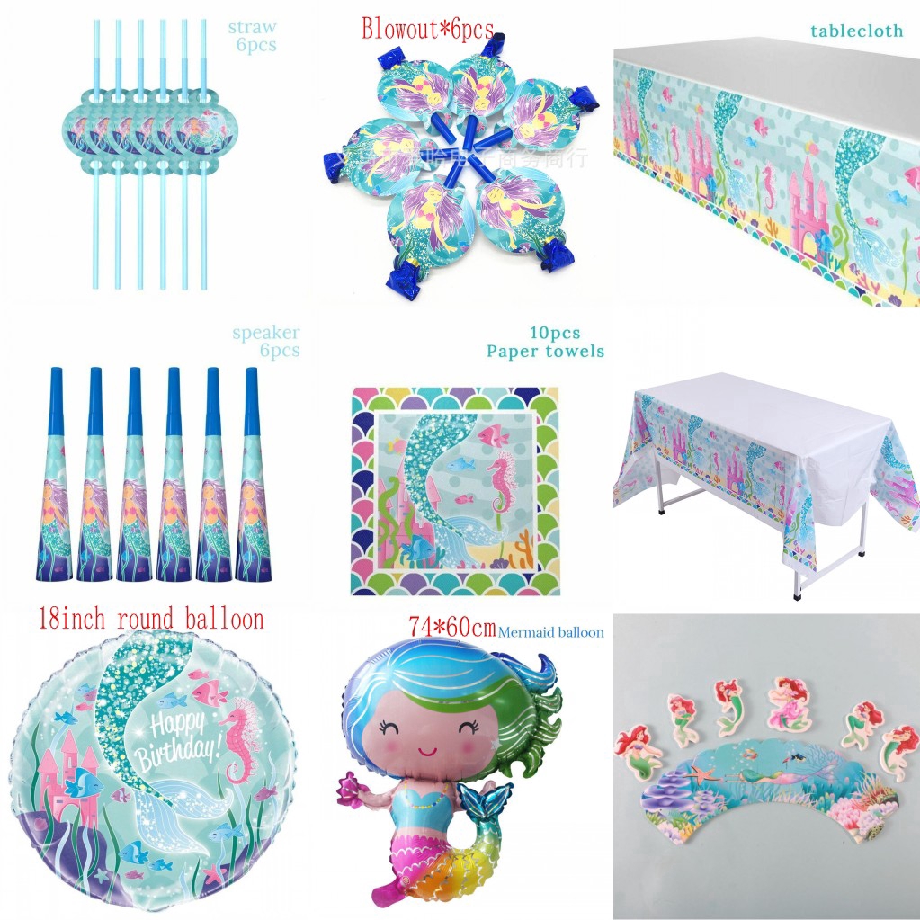 Bộ Ly, Đĩa Chủ Đề Nàng Tiên Cá Theo Phong Cách Hoạt Hình Dùng Cho Tiệc Sinh Nhật