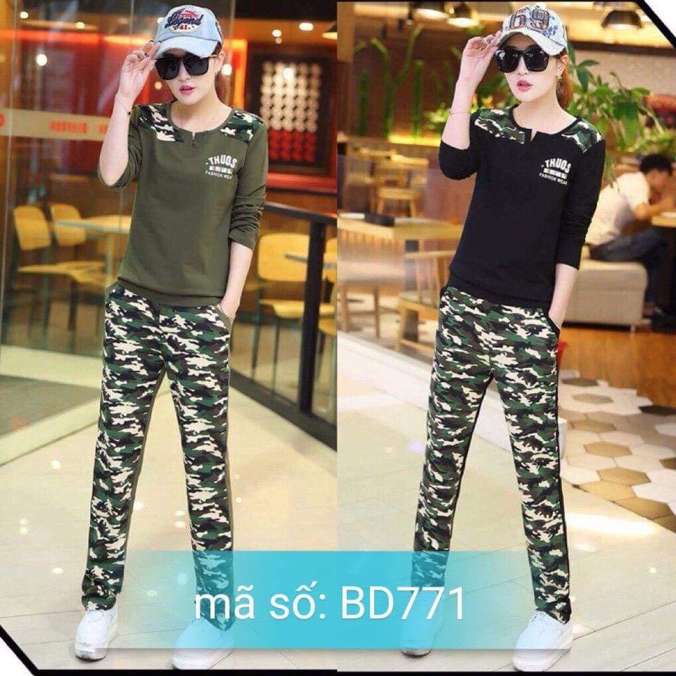 BD771 có 2XL 2 màu Set nguyên bộ đồ thể thao dài thu đông họa tiết lính rằn ri cổ V sang trọng - hàng việt nam