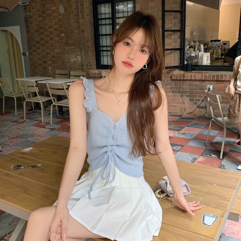 COZOK Áo Tank Top Dệt Kim Sát Nách Cổ Chữ V Phối Dây Rút Gợi Cảm