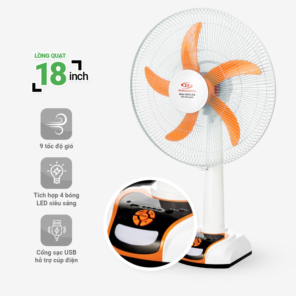 Quạt sạc tích điện để bàn AC&DC 18 inch Honjianda FL618/FL803 - có đèn LED hỗ trợ cúp điện | BigBuy360 - bigbuy360.vn