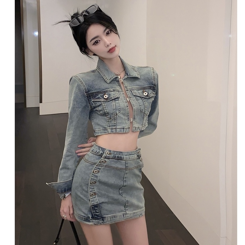 Set Áo Khoác Denim Tay Dài + Chân Váy Denim Eo Cao Phong Cách Hàn Quốc Mới Cho Nữ