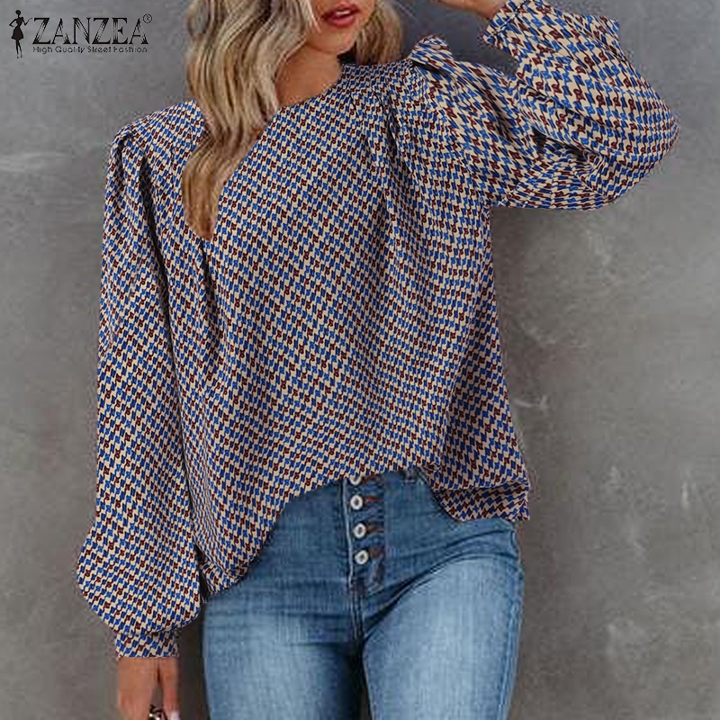 Áo kiểu ZANZEA cổ tròn tay phồng in họa tiết phong cách retro thời trang cho nữ