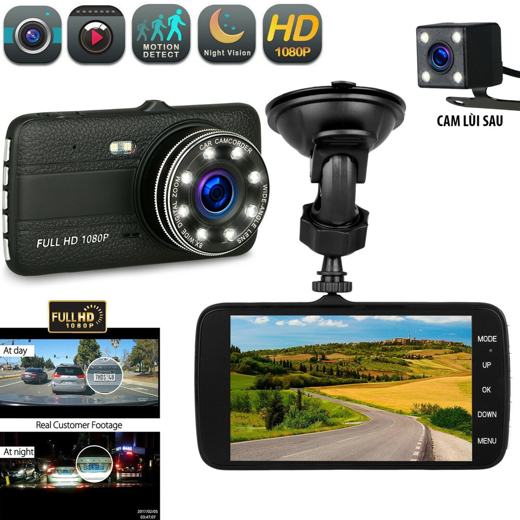 [Mã 267ELSALE hoàn 7% đơn 300K] Camera hanh trình ô tô Full HD ONTEK 8LED, Camera trước/ sau