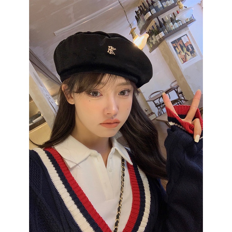 Mũ Beret Năm 2021 Phong Cách Hàn Quốc Màu Đen Bằng Vải Nhung Thời Trang Thu Đông Cho Nữ