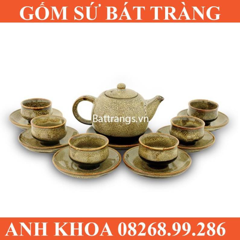 Ấm chén dáng trống men hỏa biến gốm vàng - Gốm sứ Bát Tràng Anh Khoa