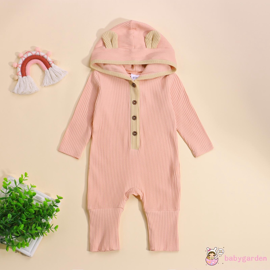 Áo liền quần tay dài có mũ màu tương phản phối nút cài thời trang dễ thương cho bé