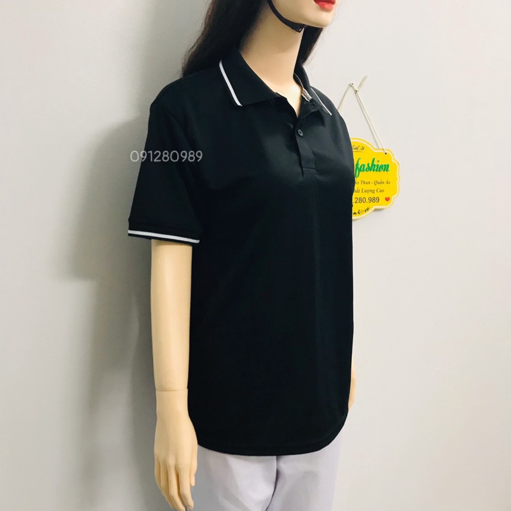 Áo Thun có cổ nam nữ vải thun cá sấu mè màu đen _ Hình chụp thật