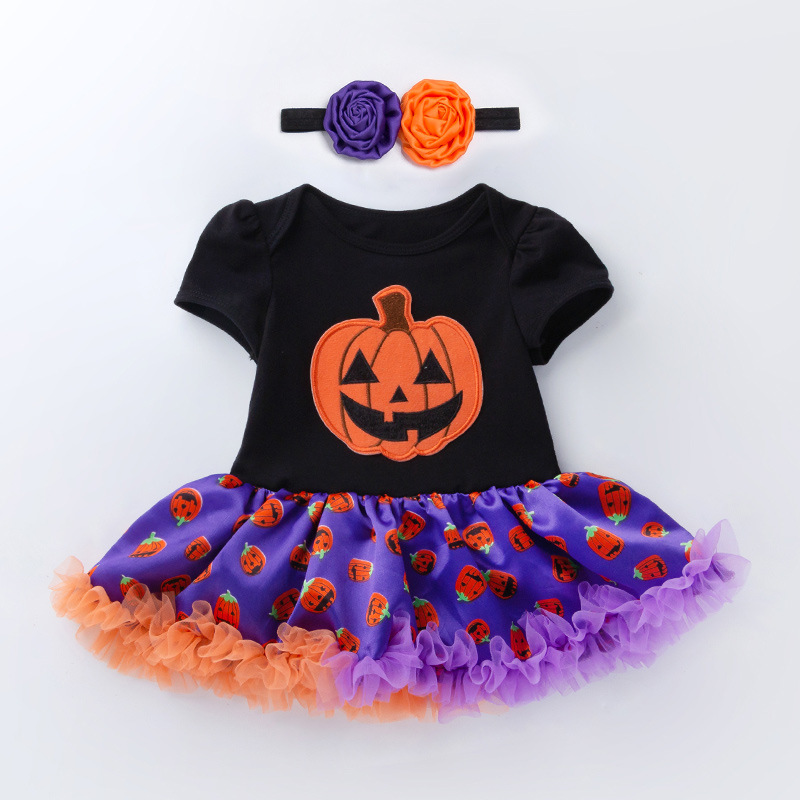 Bộ Trang Phục Hóa Trang Halloween Gồm Đầm Và Băng Cài Đầu Họa Tiết Bí Ngô Hoạt Hình Cho Bé Gái 0-2 Tuổi