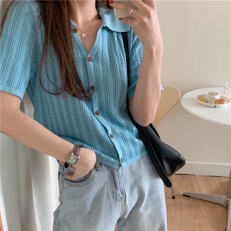Xiaozhainv Áo cardigan Dệt Kim Tay Ngắn Phong Cách ulzzang retro Thời Trang Mùa Hè 2 Màu Tùy Chọn