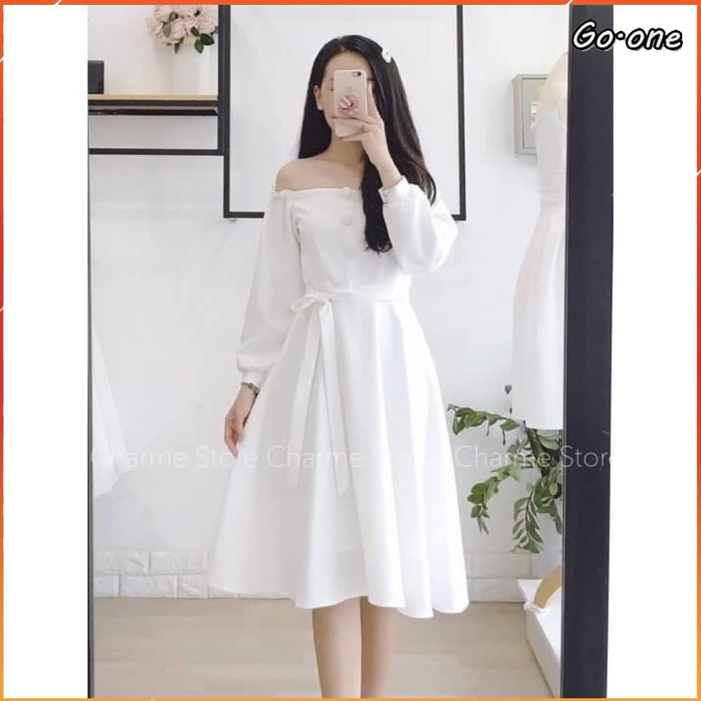 Váy trễ vai tay dài thắt nơ cao cấp - Charme Store