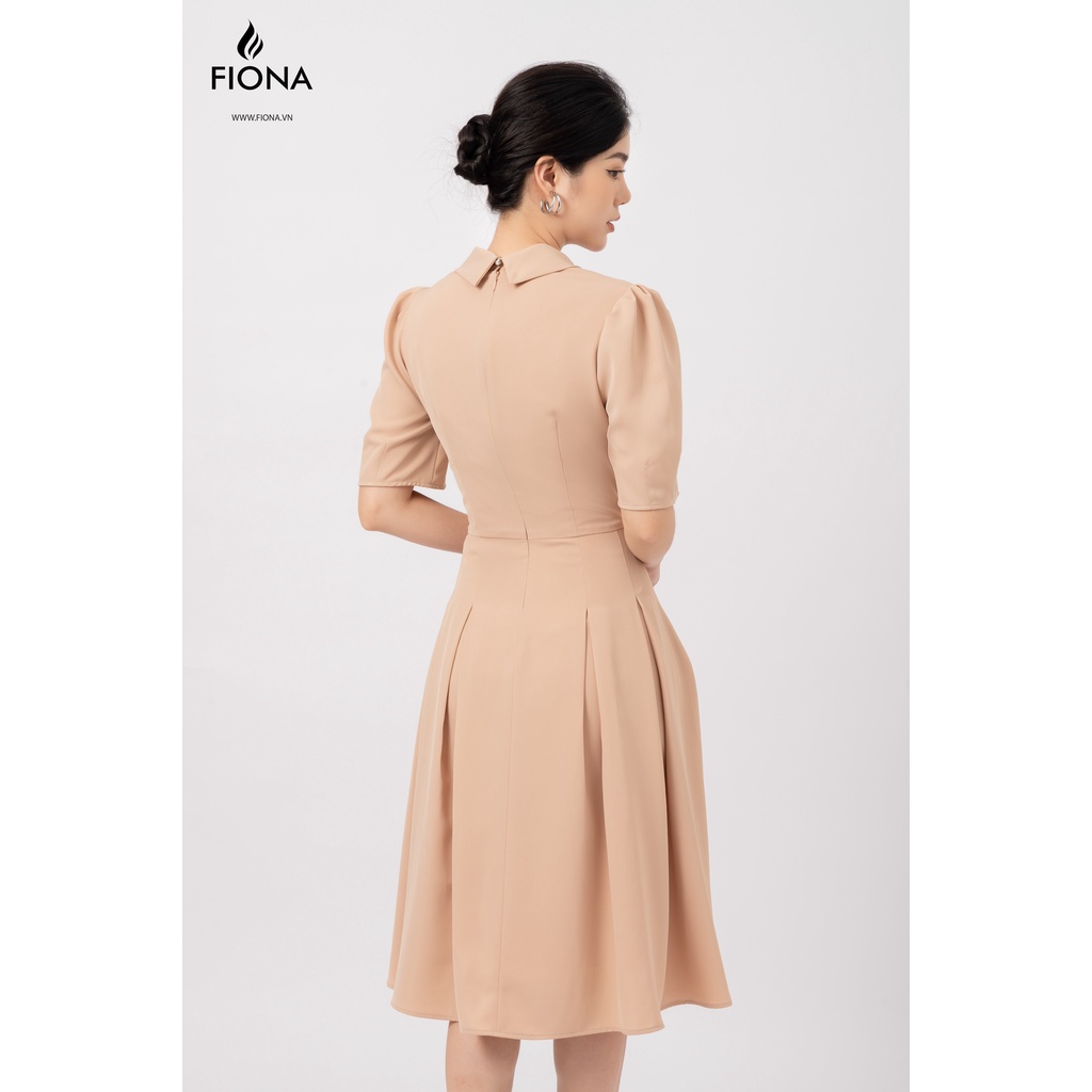 Đầm nữ dáng xòe, đầm thiết kế lá cổ lệch cài hoa tay và tùng xếp ly FIONA F451365