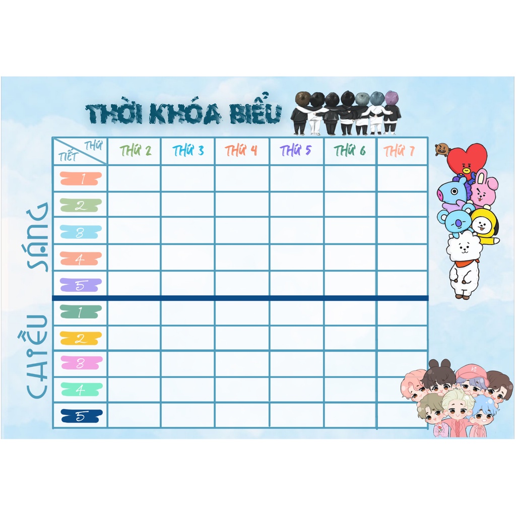 [Mã LIFEBOOK2 giảm 10% đơn 0Đ] Set 2 thời khóa biểu - timetable BTS giấy decan dễ thương kích thước A5