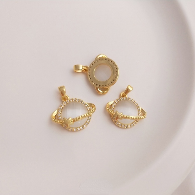 Mặt Dây Chuyền/Móc Khóa Hình Bầu Dục Đính Đá Zircon Mắt Mèo Bằng Đồng Mạ Vàng 18K diy