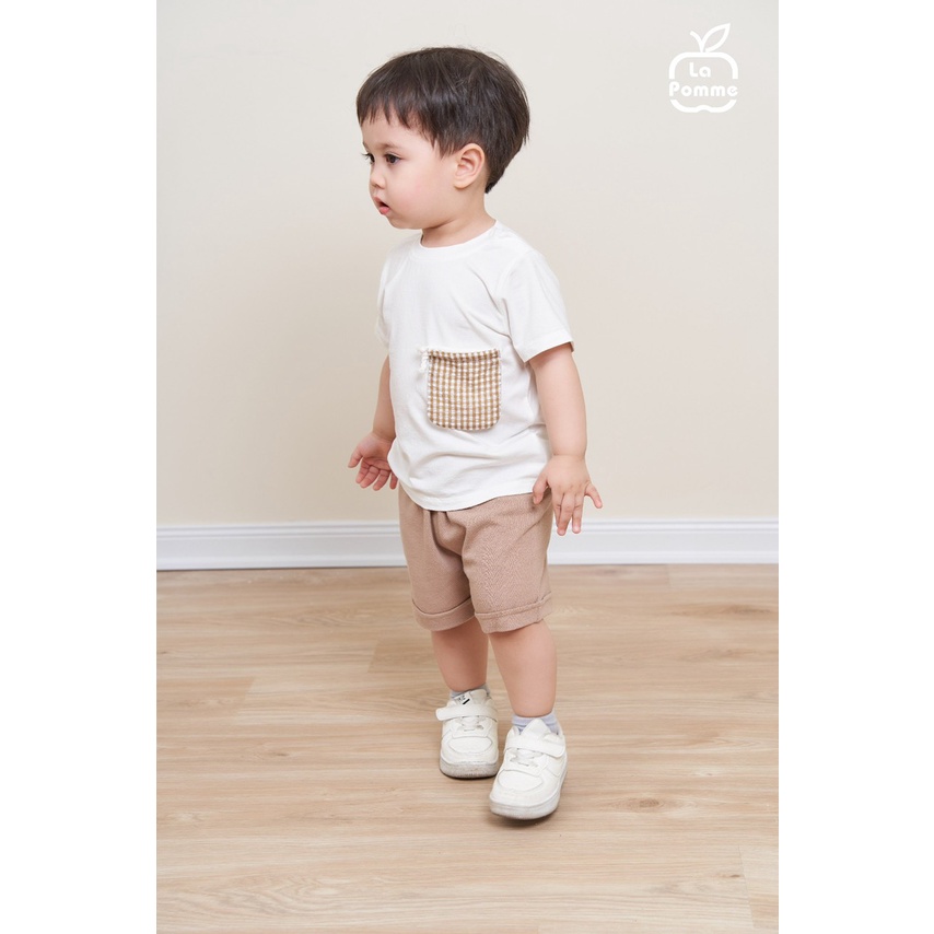 Bộ La Pomme cộc tay chất Bamboo cao cấp mềm mịn thoáng mát thấm hút tốt trơn phối túi rút caro cho bé trai bé gái 12024